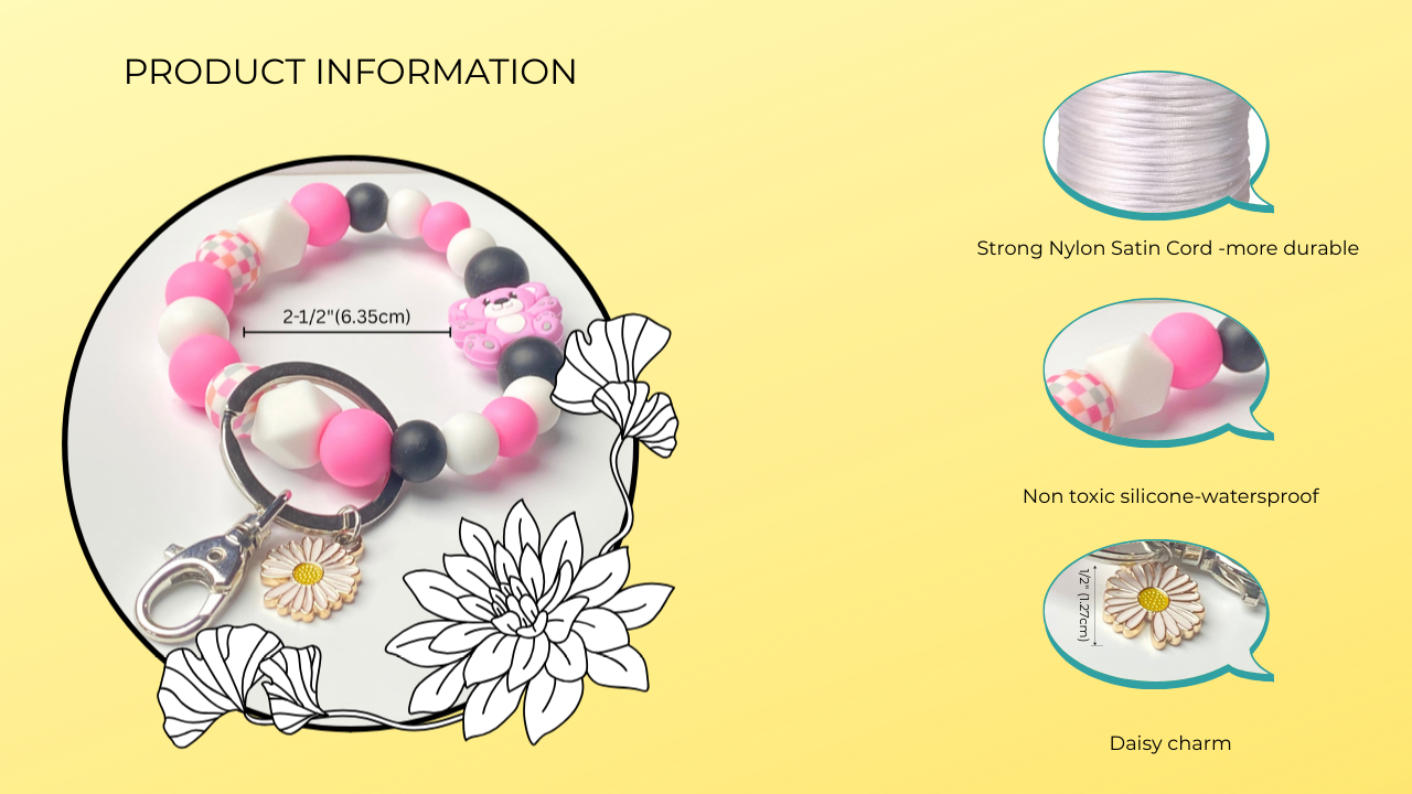 Product information for a bracelet with pink, black, and white beads on a yellow background.