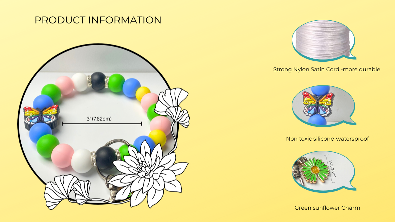 Bracelet with colorful beads and charms on a yellow background with product information text.