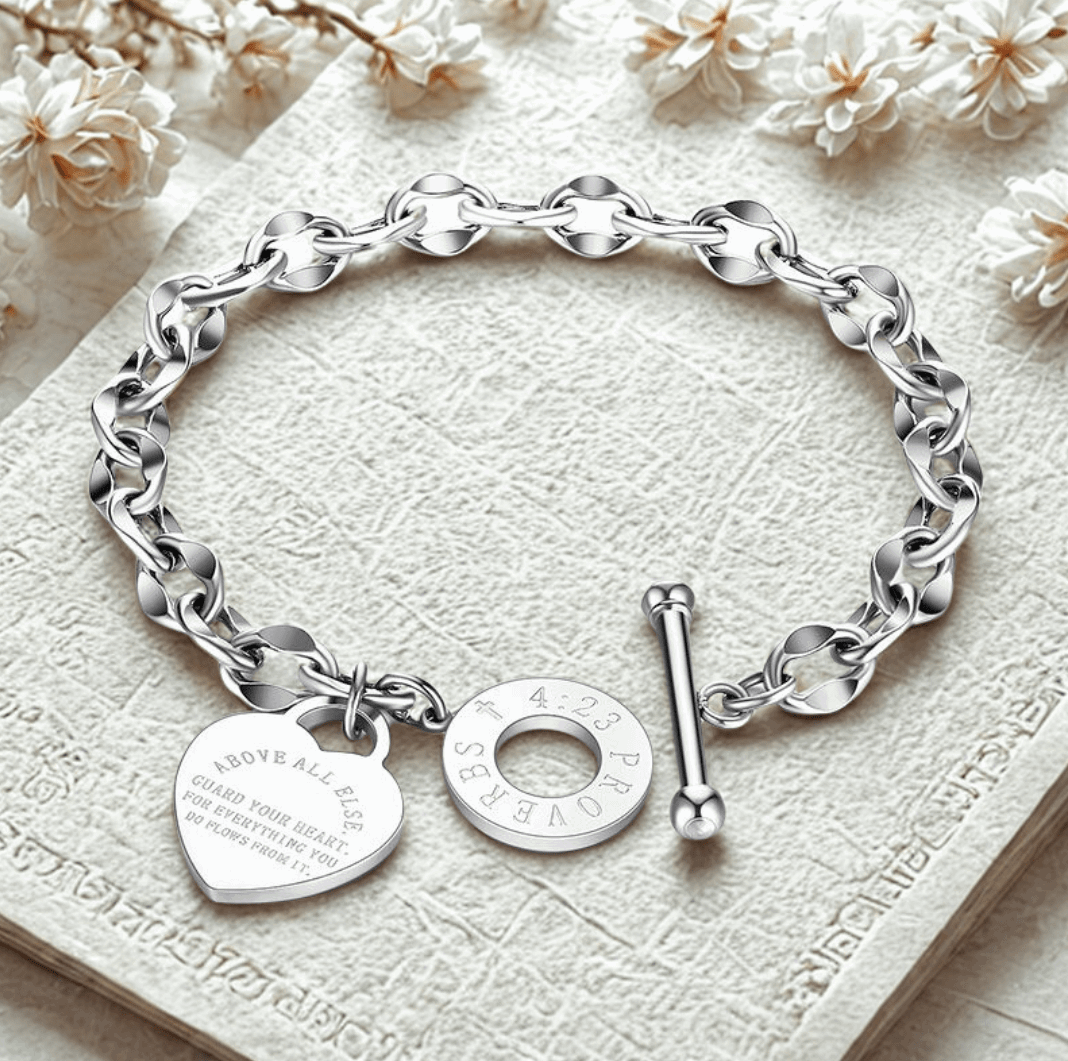 Stainless Steel Bible Proverbs link bracelet, engraved faith jewelry
