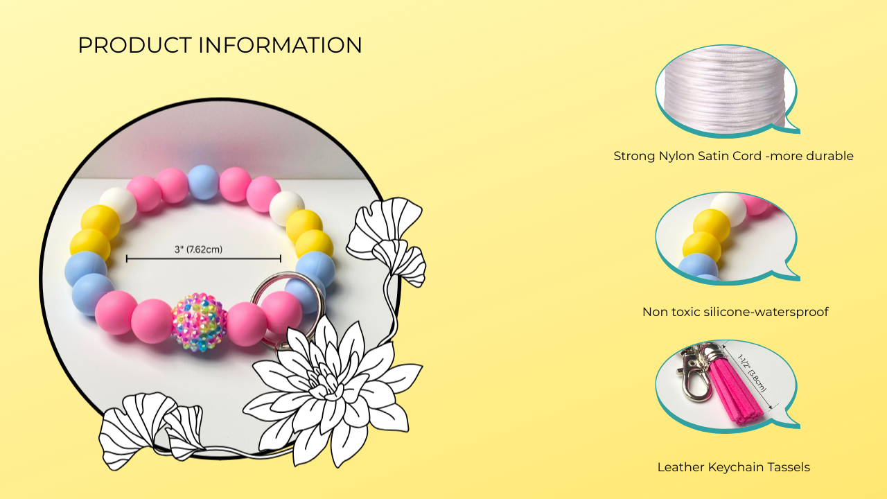 Colorful bracelet with keychain tassels on a yellow background, featuring product information text.