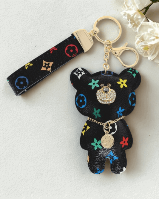 Leather Teddy Bear wristlet keychain, cute handmade bag charm