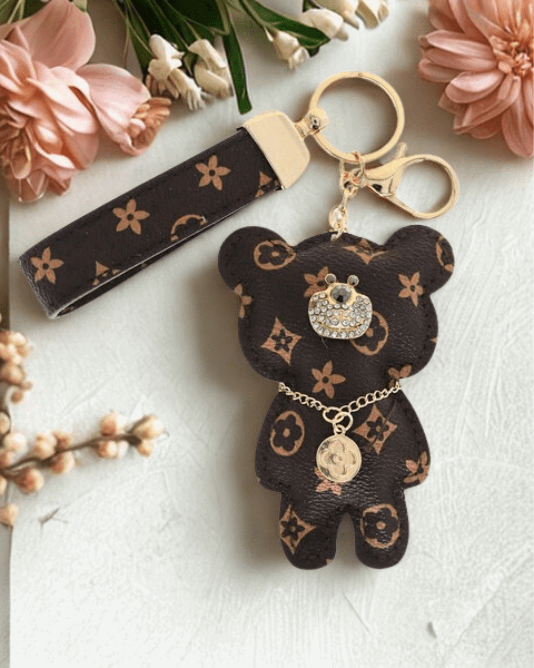 Leather Teddy Bear wristlet keychain, cute handmade bag charm