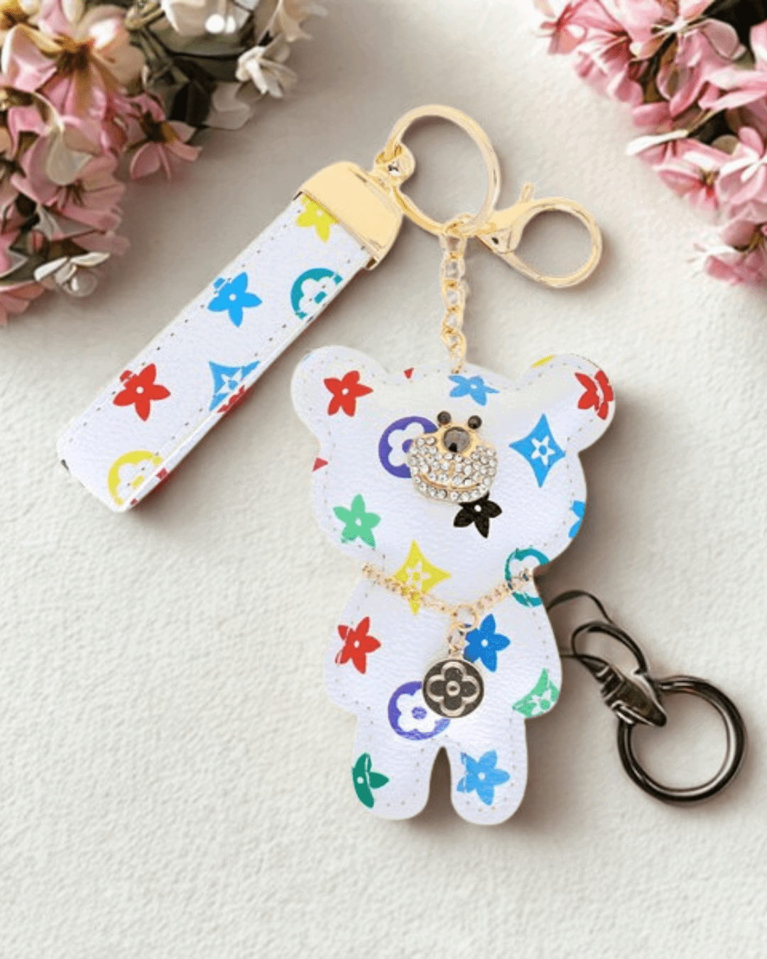 Leather Teddy Bear wristlet keychain, cute handmade bag charm
