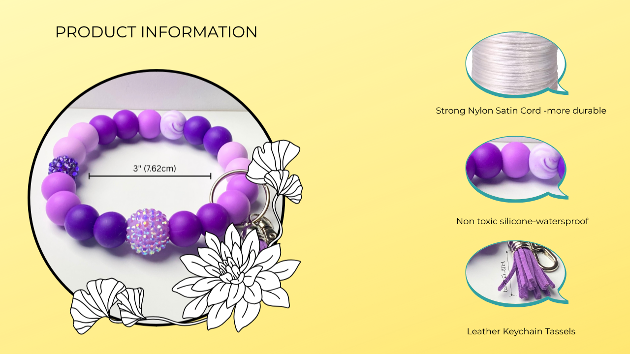 Purple bracelet with keychain tassels on a yellow background, featuring product information text.