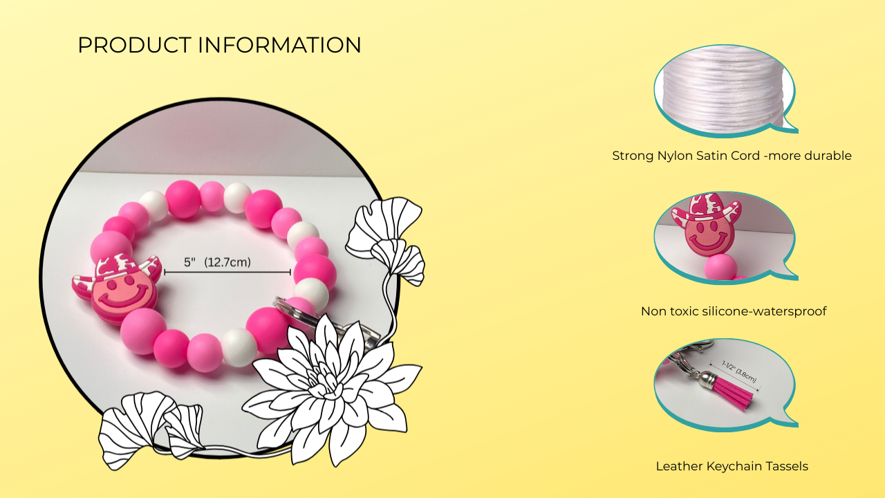 Product information graphic of a pink and white beaded bracelet with keychain tassels on a yellow background.