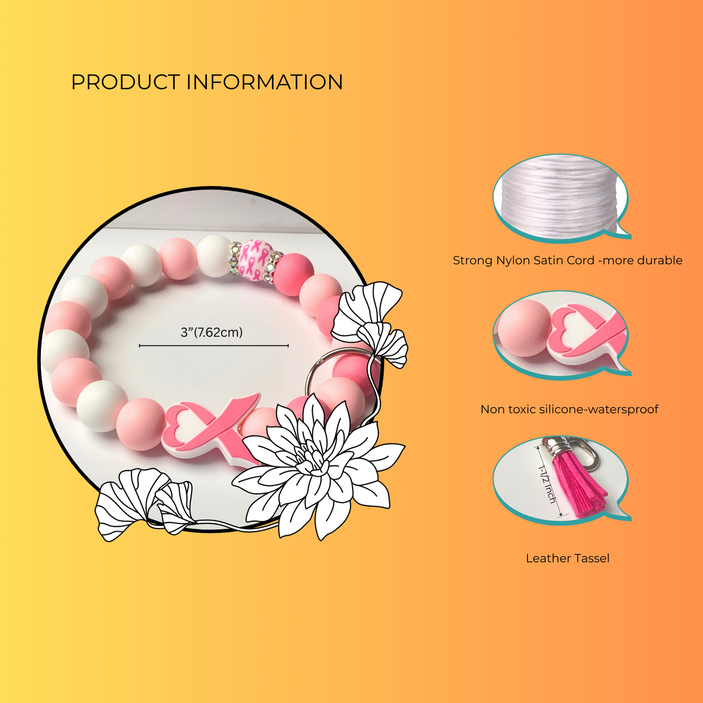 Product information card for a pink and white bracelet with a leather tassel on an orange background.
