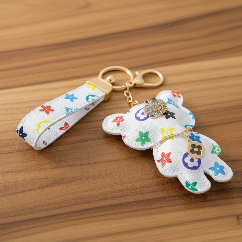 Colorful teddy bear keychain with a strap on a white background