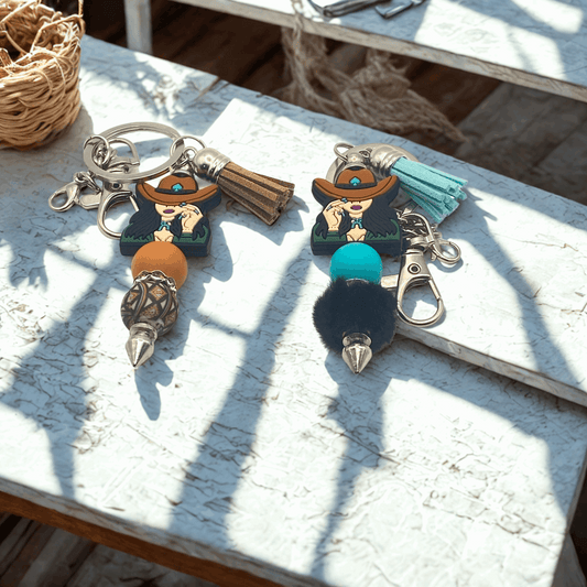 Two decorative keychains with characters and colorful poms on a wooden surface.