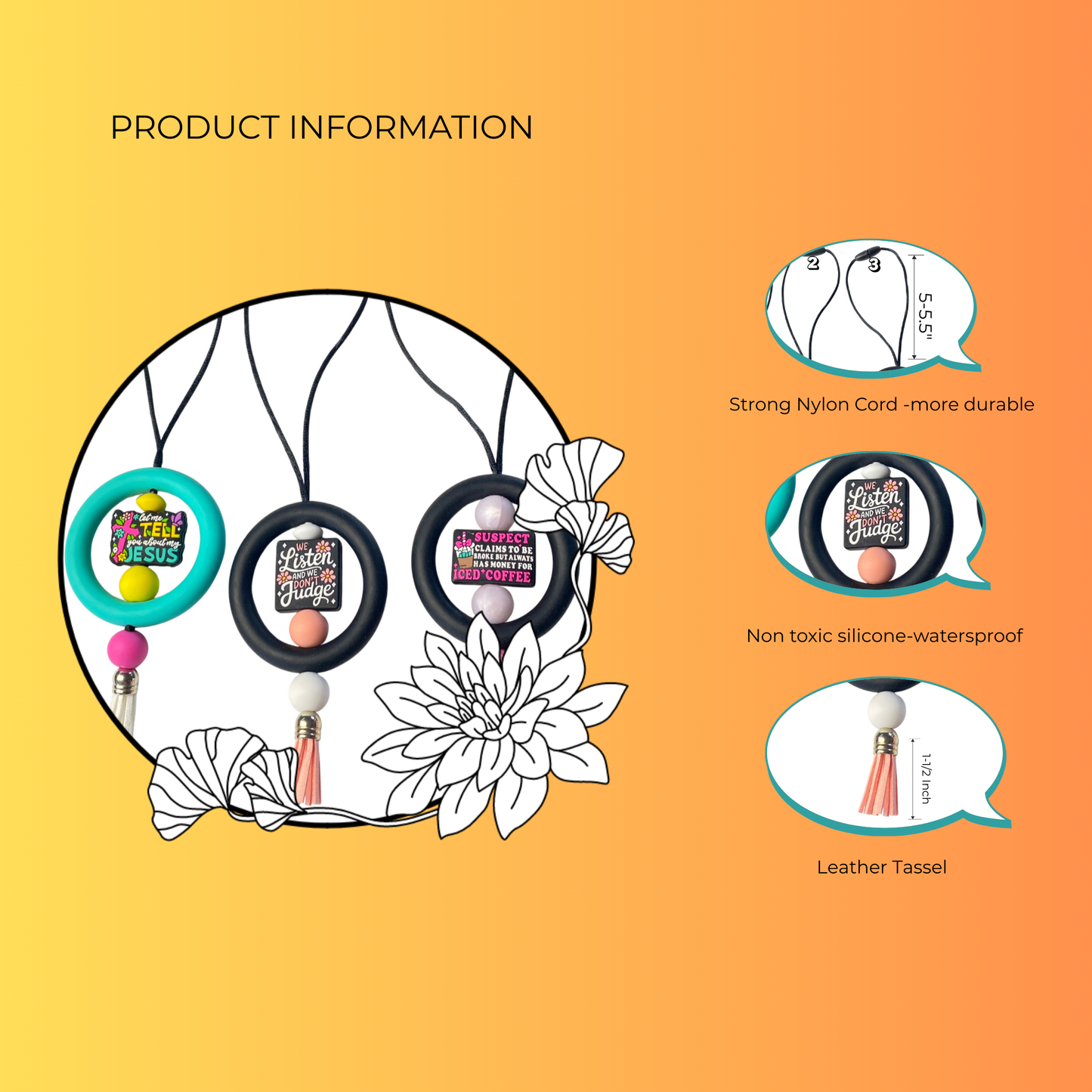 Product information graphic with a floral design and text on an orange background