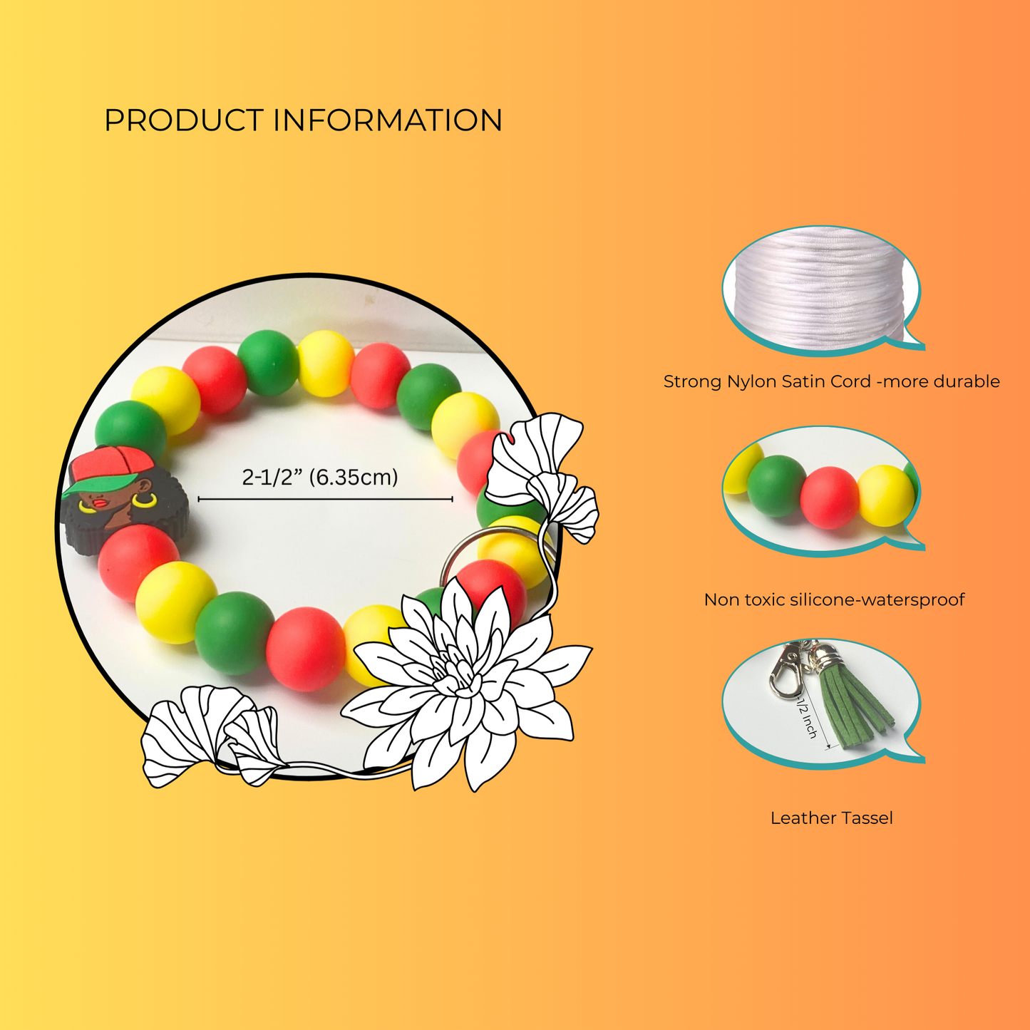 Colorful beaded bracelet with product information on an orange background