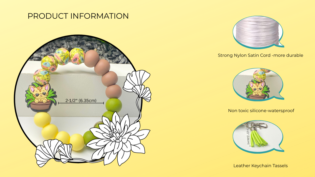Product information graphic with keychain details on a yellow background