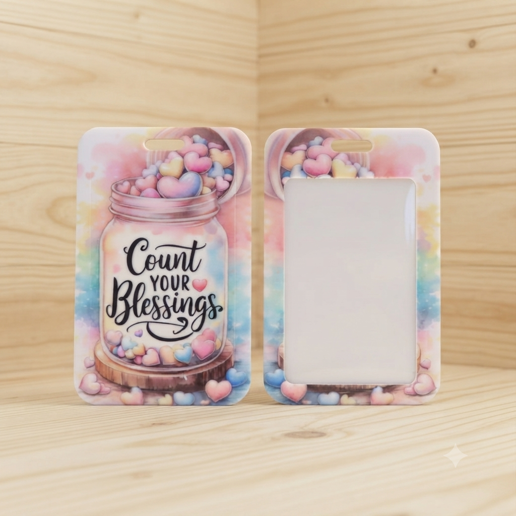 A phone case shown from both front and back views, featuring a pastel watercolor design with a mason jar filled with pink, blue, and yellow heart candies and the phrase 'Count Your Blessings' on the front.
