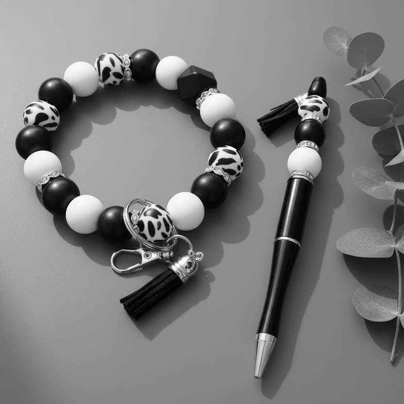 Handmade black and white cow print beaded pen and bracelet set with tassel