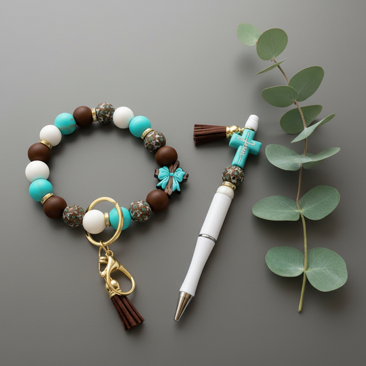 Turquoise faith cross beaded pen and bracelet set handmade Christian gift