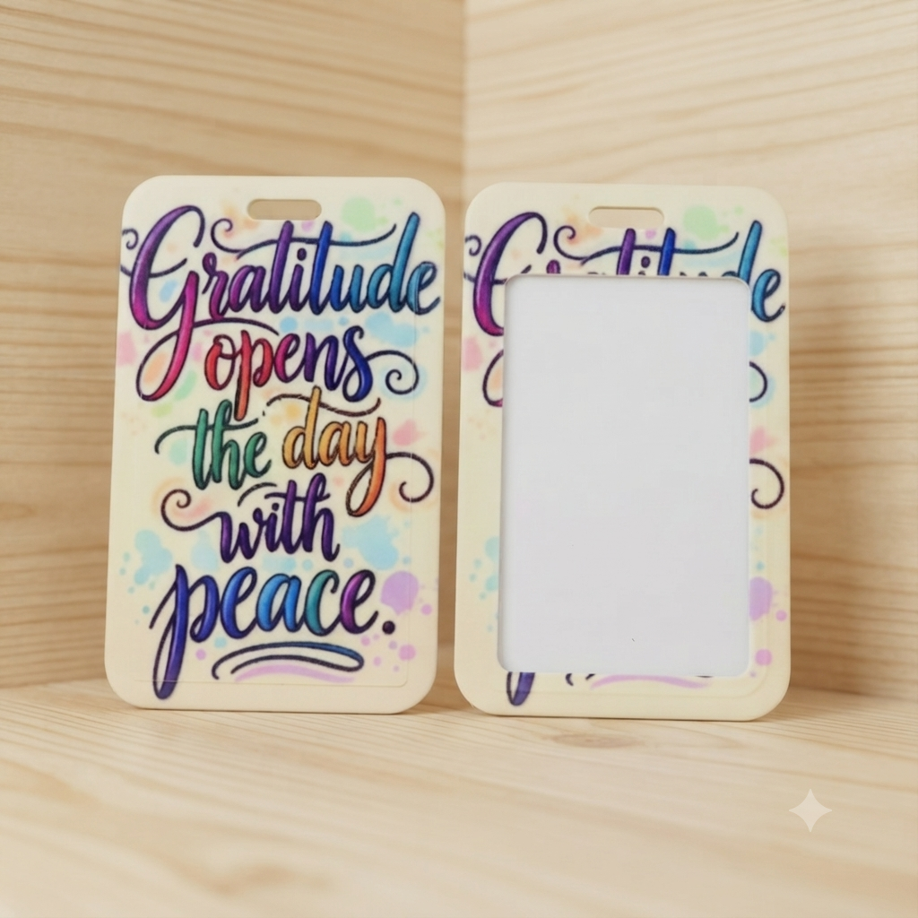 Two small rectangular card holders or frames with rounded corners, shown on a light wood surface. One has colorful hand-lettered text reading 'Gratitude opens the day with peace.