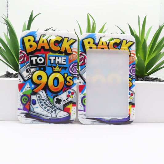 Phone case with 'Back to the 90's' design featuring colorful graphics and text.