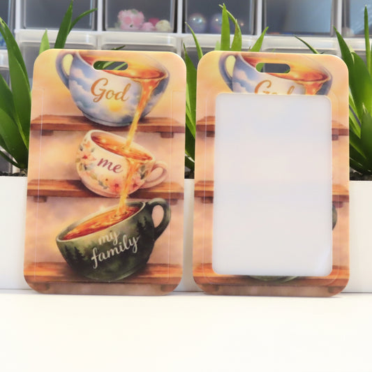 Two phone cases with coffee cup designs and text on a white surface with plants in the background.