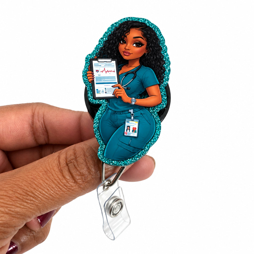 A hand holding a custom die-cut acrylic badge reel cover featuring a cartoon-style female nurse character with a teal glitter border and a clear plastic clip.