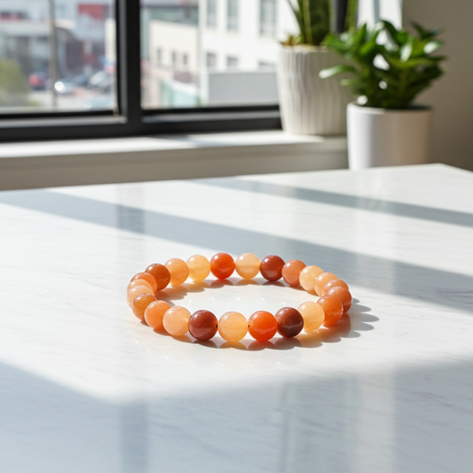 Multicolored beaded bracelet on a light surface with a window and plants in the background