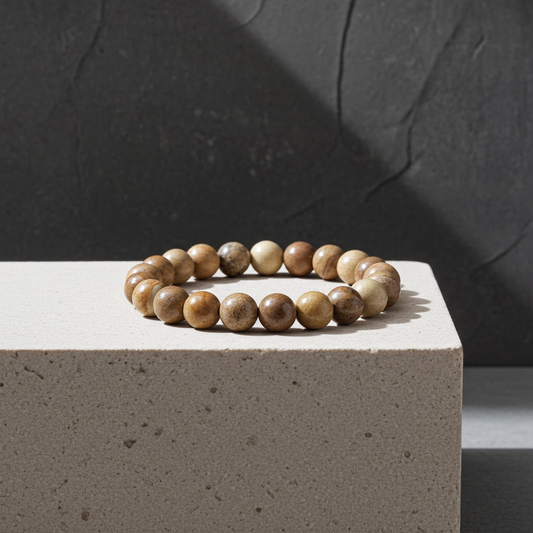 Wooden beaded bracelet on a concrete block with a dark background