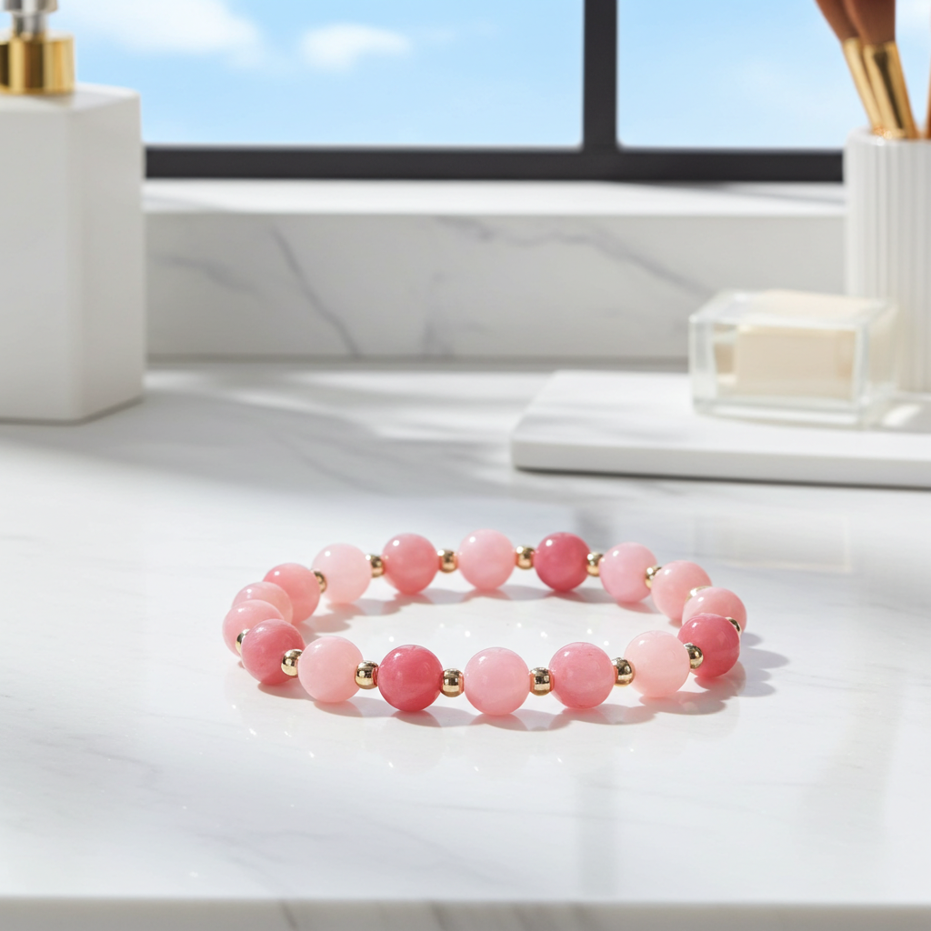 Pink beaded bracelet on a white surface with a blurred background