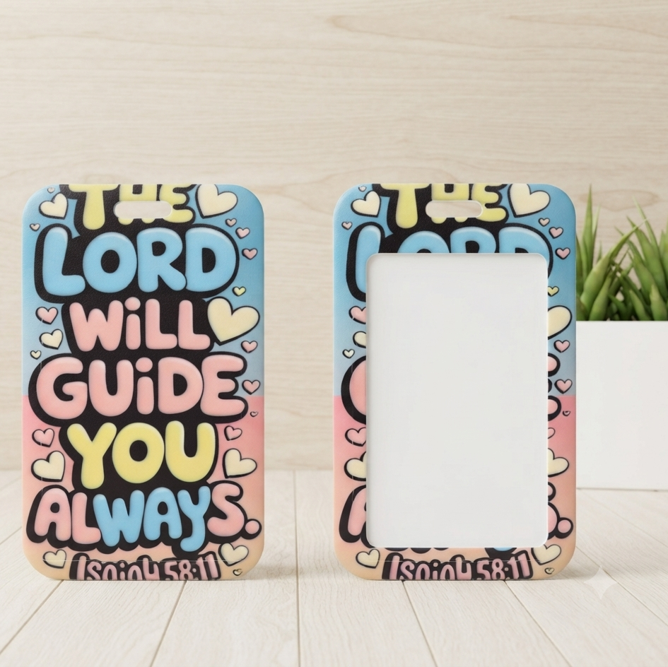 Two decorative picture frames with a pastel gradient background and the Bible verse 'THE LORD WILL GUIDE YOU ALWAYS. (SOUL 58:11)' in colorful bubble letters.