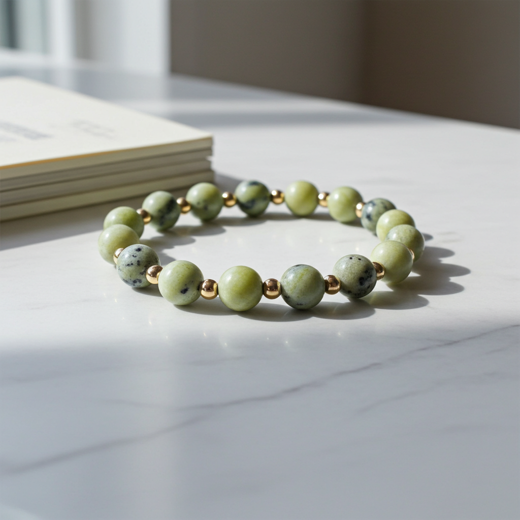 Green beaded bracelet on a marble surface with a blurred background
