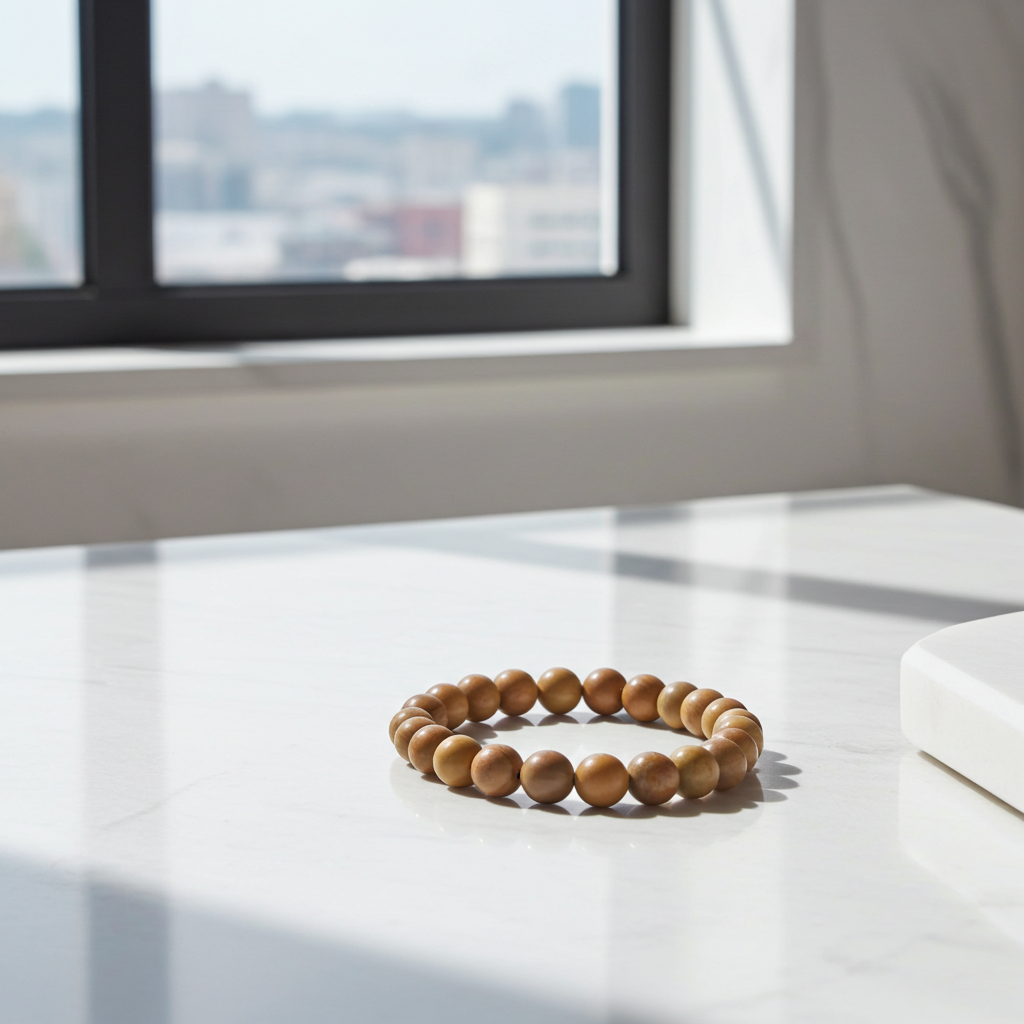 Wooden beaded bracelet on a reflective surface with a window in the background