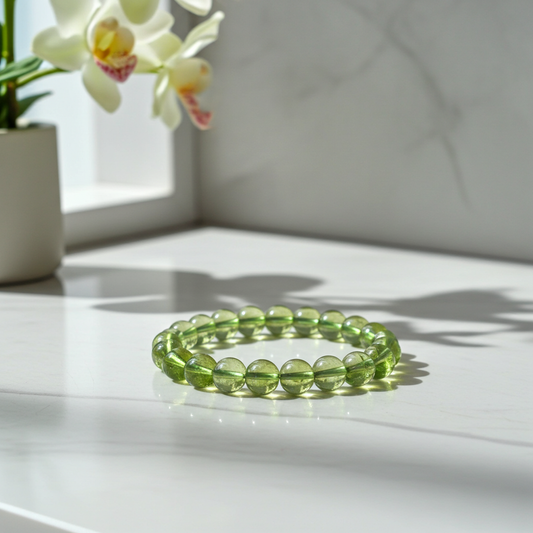 Green beaded bracelet on a white surface with a plant in the background