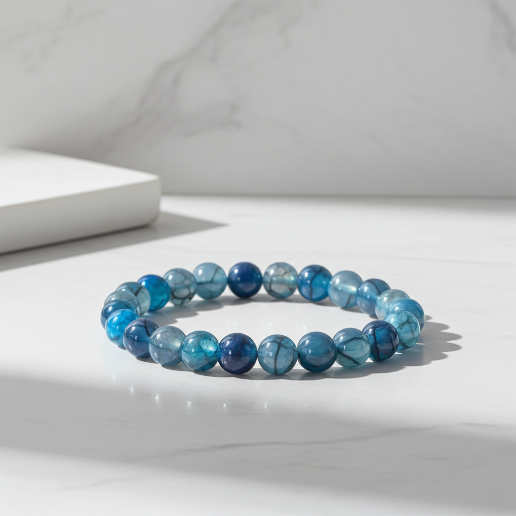 Blue beaded bracelet on a white surface with a neutral background