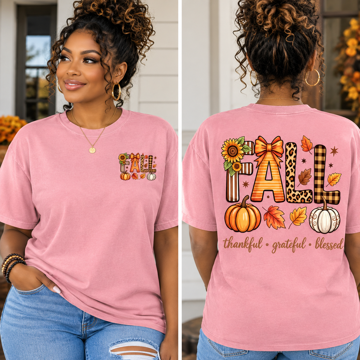 A pink short-sleeve graphic T-shirt shown on a model from both the front and back. The front has a small autumn-themed graphic on the left chest, and the back features a large 'FALL' design with pumpkins, leaves, sunflowers, and the words 'thankful • grateful • blessed'.