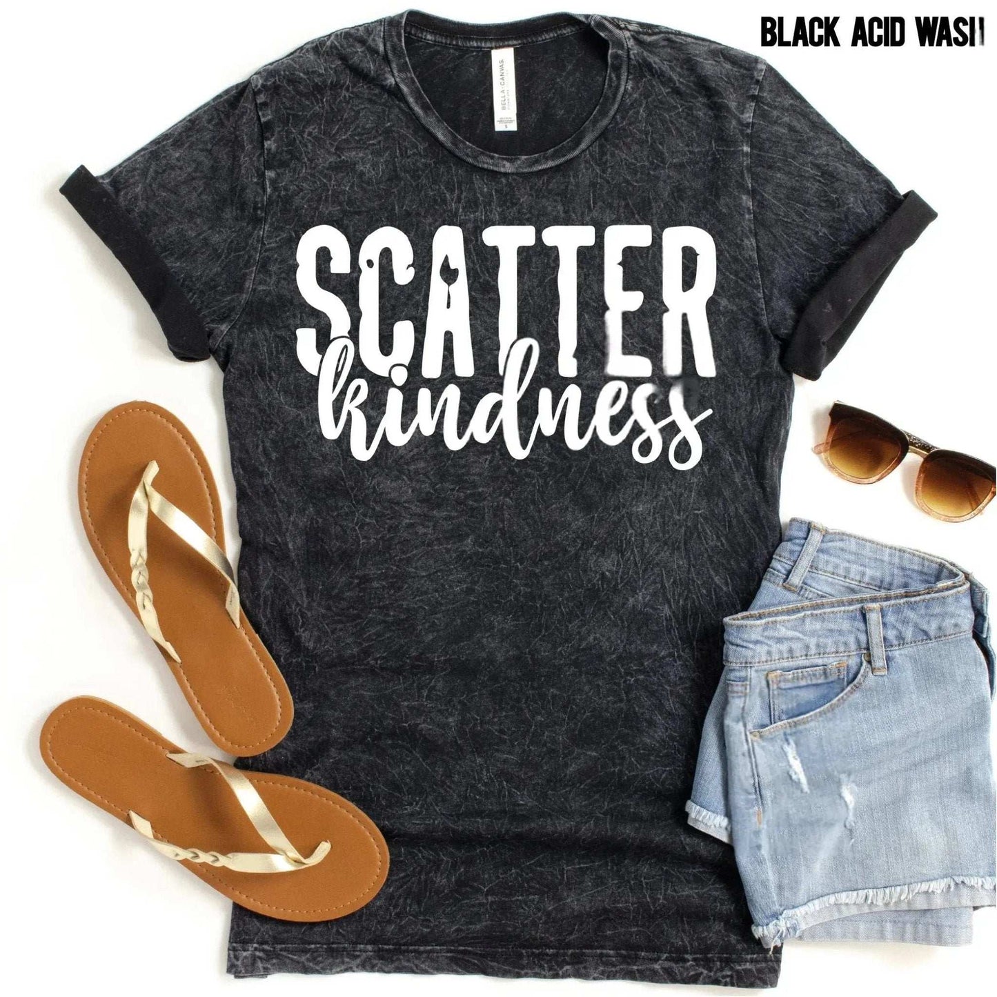 Alt text: Scatter Kindness unisex faith t-shirt, handmade inspirational shirt