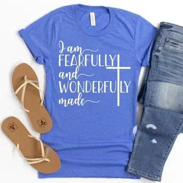 Alt text: Fearfully and Wonderfully Made t-shirt, handmade Christian apparel
