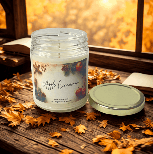 Candle labeled 'Apple Cinnamon' on a wooden surface with autumn leaves and a blurred background