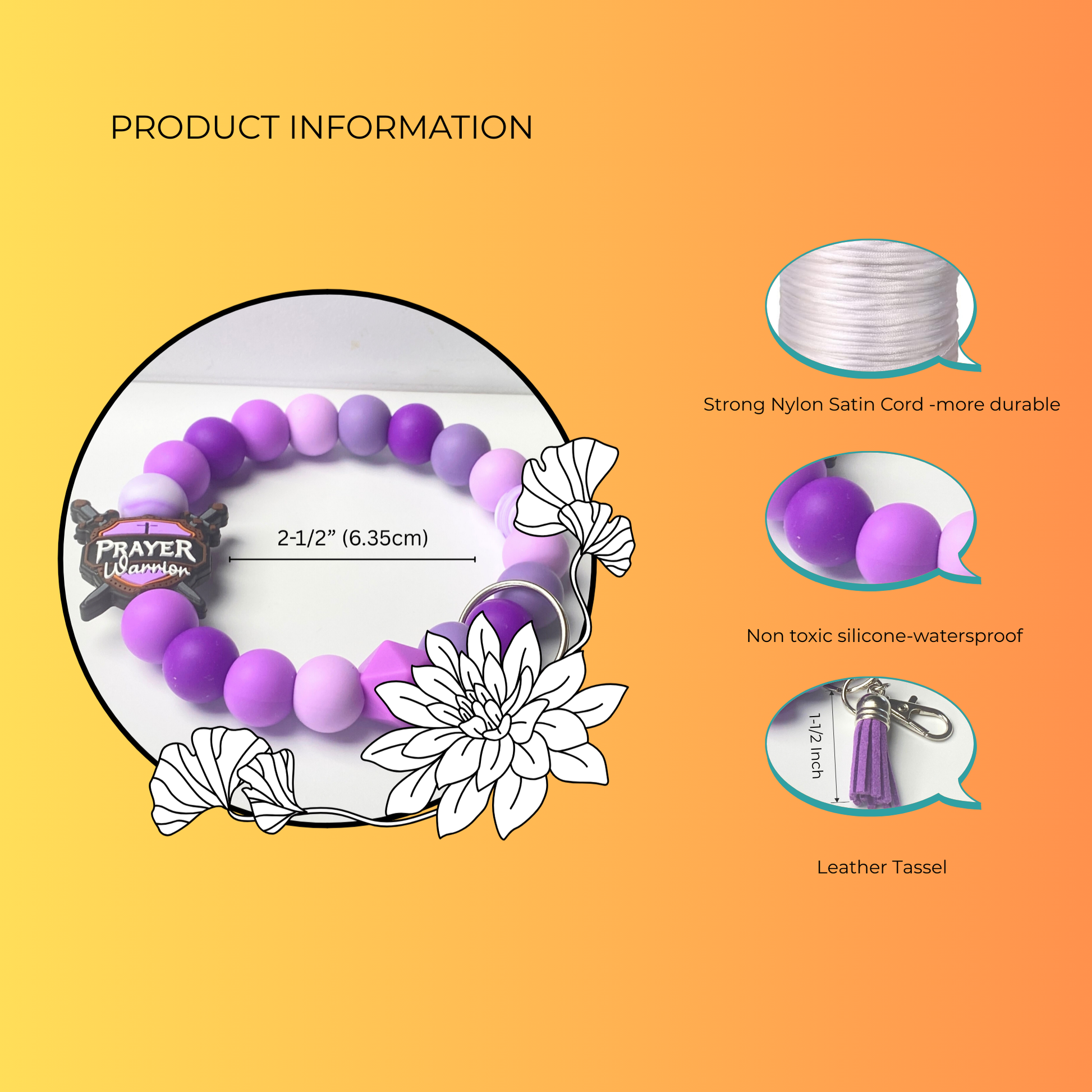 Purple prayer bracelet with product information on an orange background
