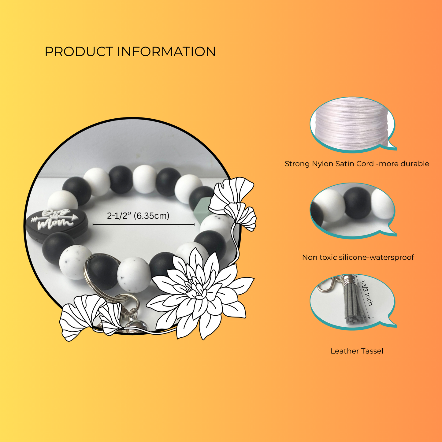 Product information graphic for a bracelet with features listed on an orange background