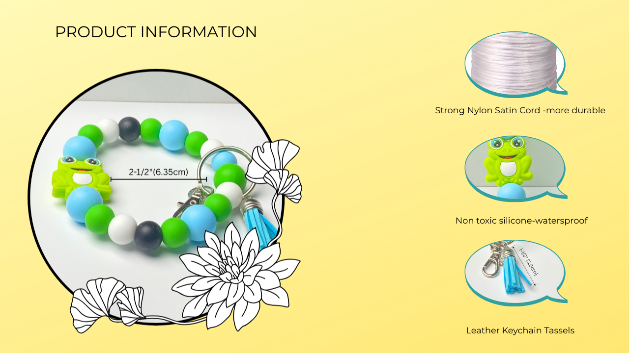 Product information graphic of a colorful bracelet with features listed.
