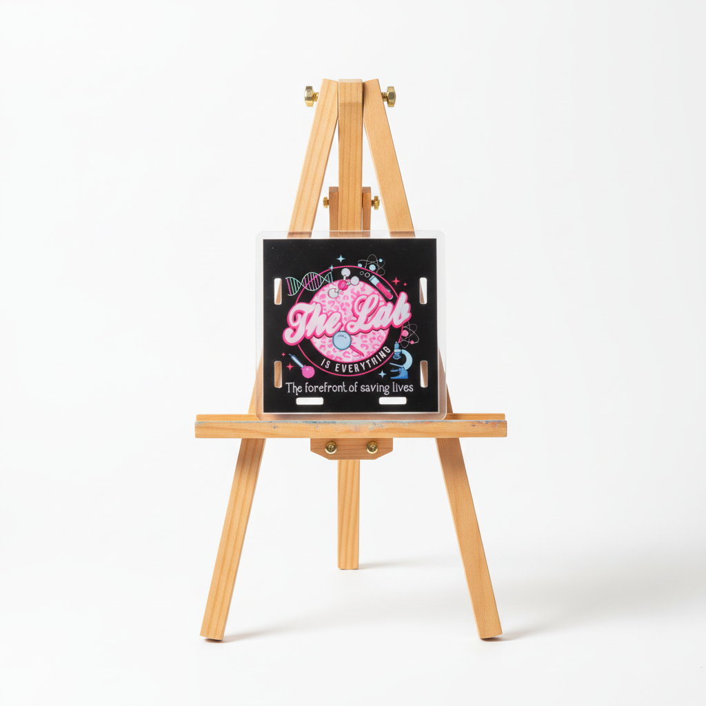 Decorative sign with 'The Lab is Everything' text and scientific symbols on a black background.