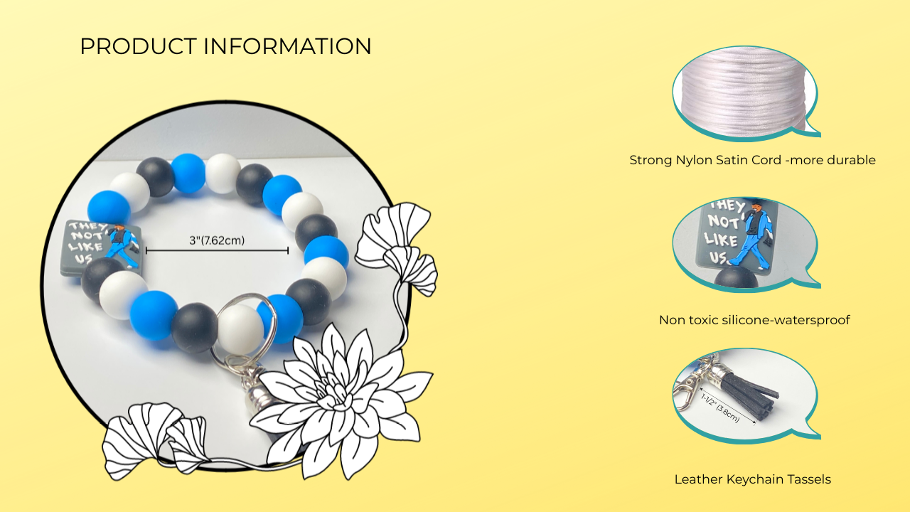 Bracelet with keychain tassels on a yellow background, featuring product information text.