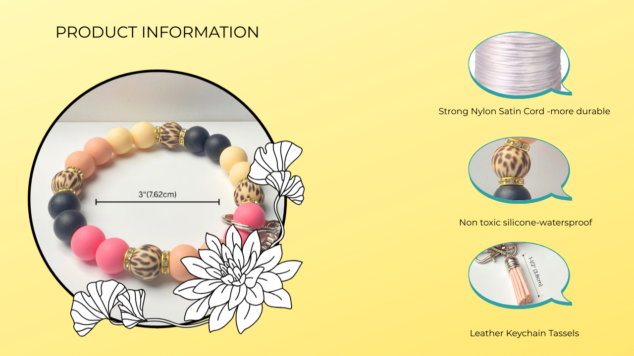 Bracelet with colorful beads and keychain on a yellow background with product information text.