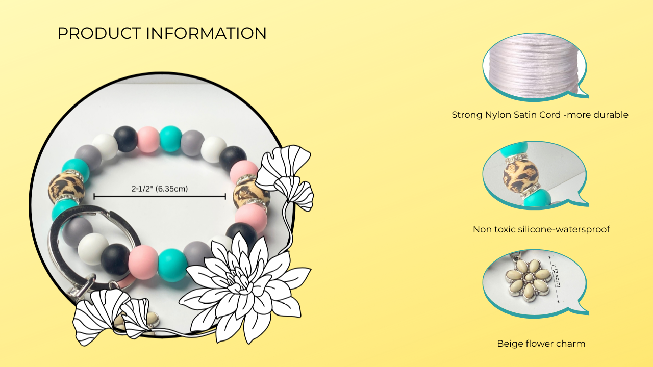 Product information graphic for a bracelet with beads and a flower charm on a yellow background.
