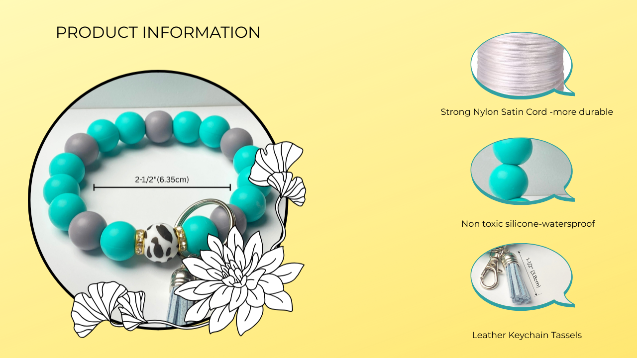 Bracelet with blue and gray beads on a yellow background with product information text.