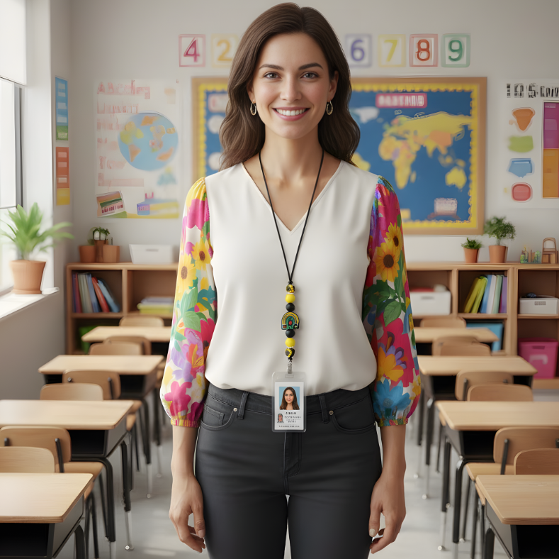 Teacher standing in a classroom with colorful decorations and desks.
