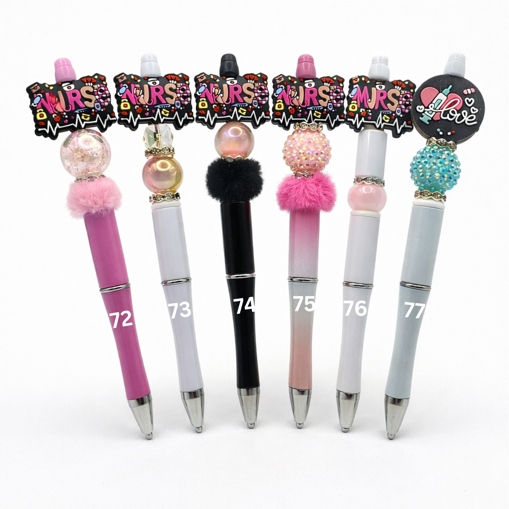 Set of decorative pens with colorful accents and 'MRS' text on a white background