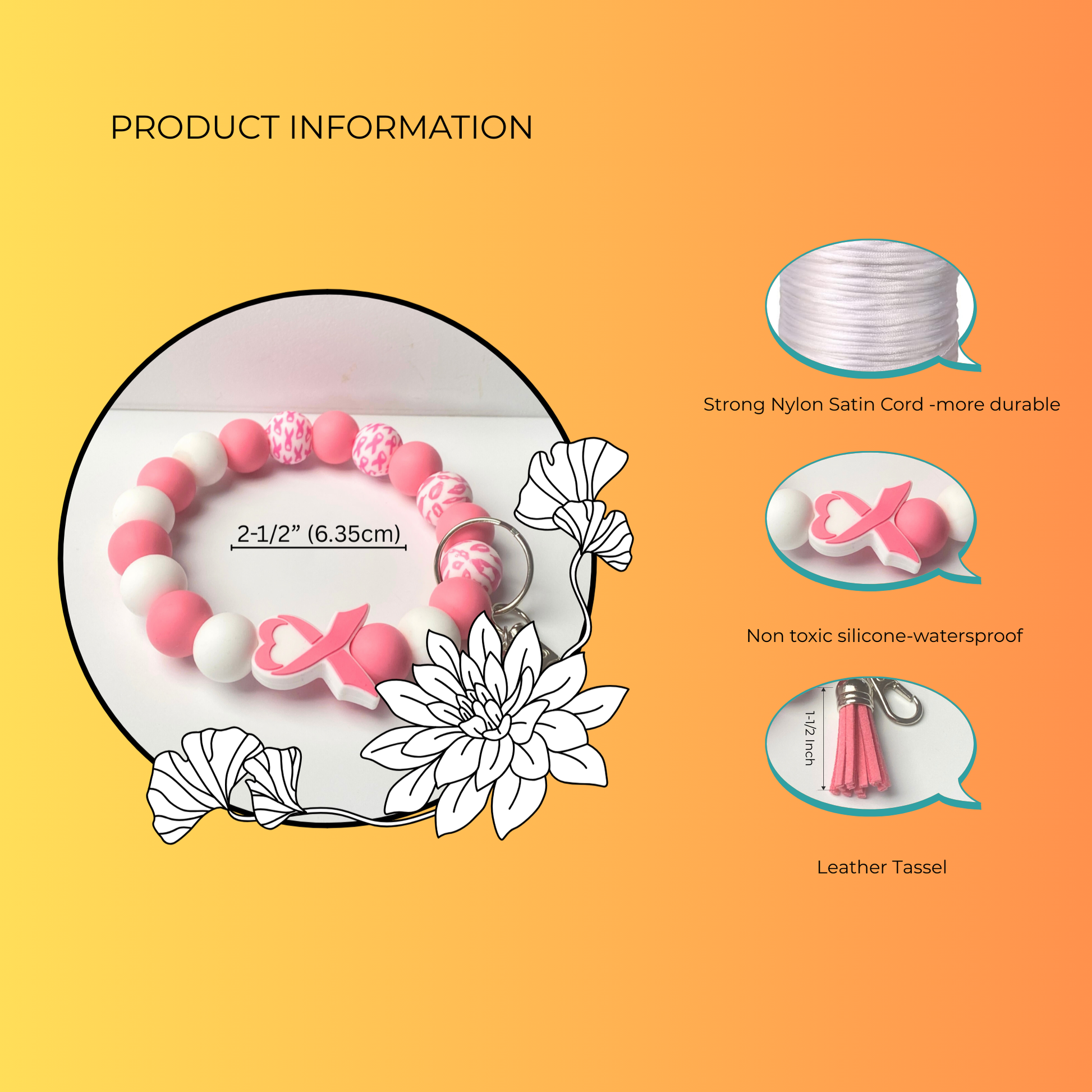 Product information graphic with a pink and white beaded bracelet on an orange background