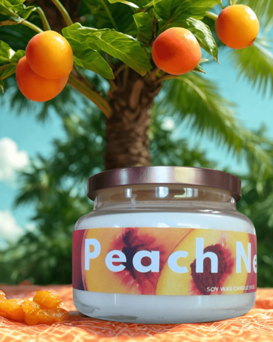 Jar of 'Peach' scented candle with peach slices on a table outdoors.