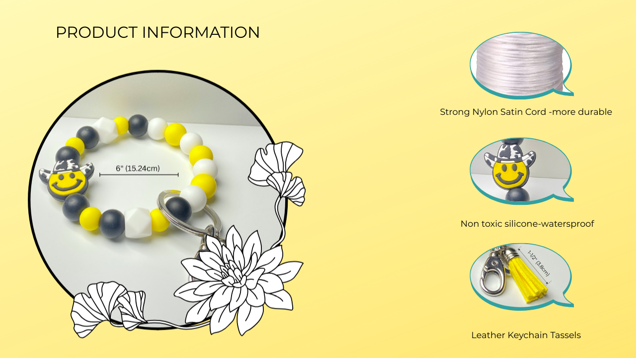 Bracelet with smiley face beads on a yellow background with product information text.