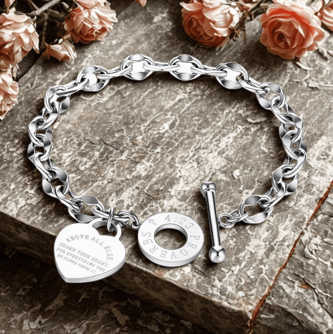 Stainless Steel Bible Proverbs link bracelet, engraved faith jewelry
