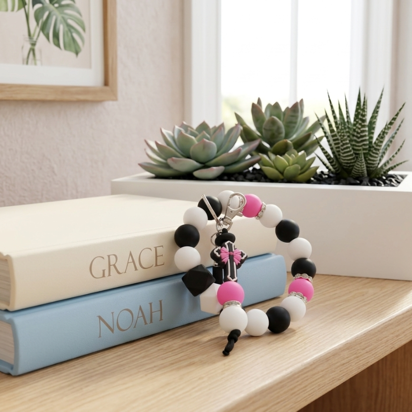 Colorful beaded bracelet with charms on a stack of books with 'Grace' and 'Noah' on them, placed on a wooden surface with plants in the background.