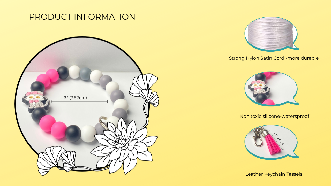 Product information graphic of a bracelet with features listed on a yellow background